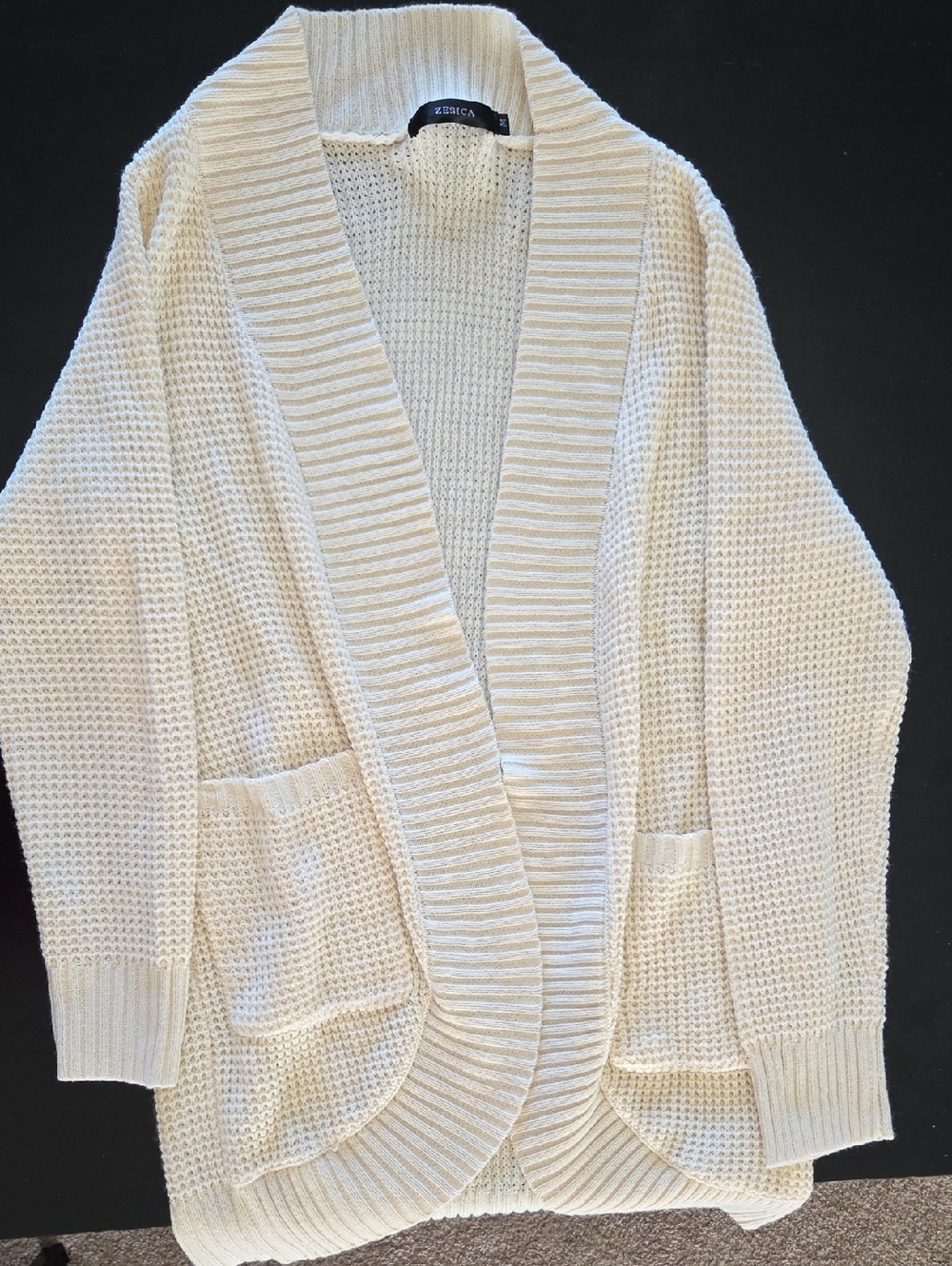 Zesica Cream Knit Open-Front Pocket Cardigan